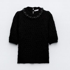Zara Black High Collar Knit Short-Sleeve Sweater with Beaded Collar Small EUC